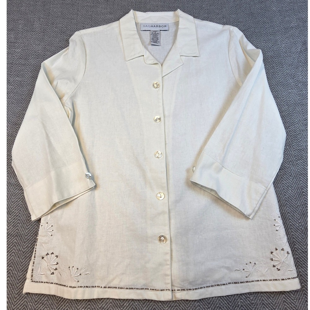 Sag Harbor Linen Blend Embroidered Beaded Button Up Shirt Off-White Size 8